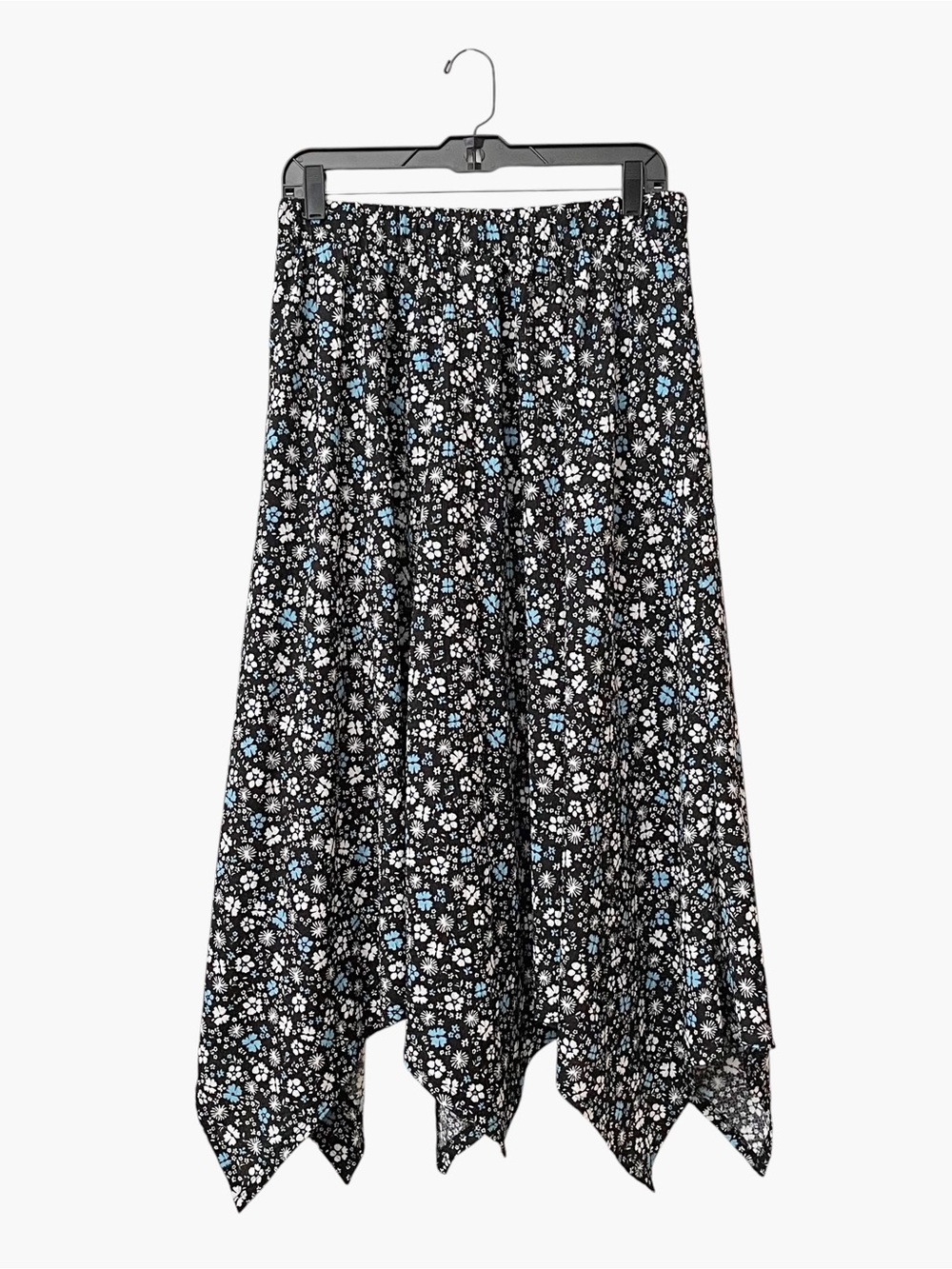 Cato Handkerchief Midi Skirt Women's Size M Black Floral Pull On Elastic Waist